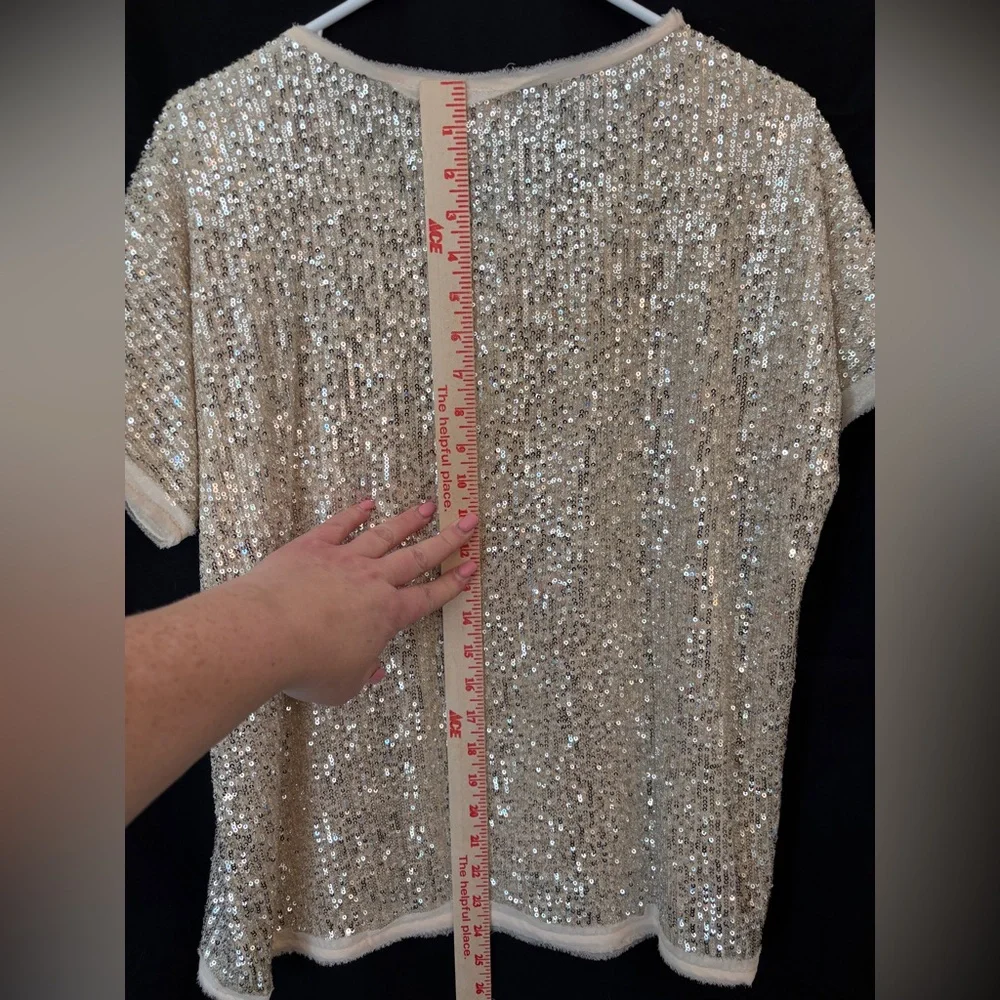 Entre Cream Sequined Short Sleeve Top Women’s Medium Style #T12850 Evening Party - Picture 7 of 8